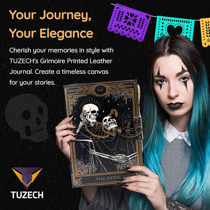 TUZECH Book of Spells Leather Bound Journal Deckle Edge Paper Grimoire Printed Diary Third Eye witchcraft supply and Witch Spell Notebook Antique Vintage Book for Men and Women (The Devil)