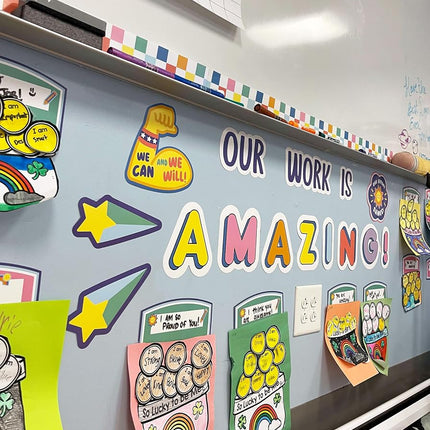 Carson Dellosa Pre-Punched We Stick Together 45-Piece Our Work is Amazing Bulletin Board Set, Student Work Display Headers, Shooting Stars, Motivational Cutouts for Bulletin Board and More