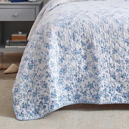 Laura Ashley - Flora Collection - Quilt Set - 100% Cotton, Reversible Bedding with Matching Sham(s), Pre-Washed for Added Softness, Twin, Blue