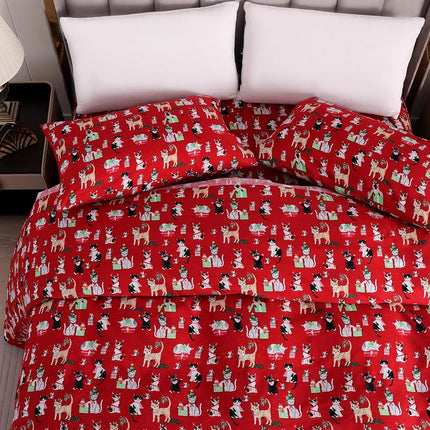 Elegant Comfort Ultra Soft 4-Piece 100% Turkish Cotton Flannel Sheet Set - Holiday Christmas Flannel Sheets, Warm and Cozy Premium Quality, Deep Pocket Fitted Sheet- Twin, Cats in Holiday
