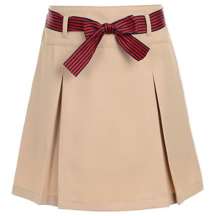 Nautica Girls' School Uniform Pleated Pull-on Scooter Skirt with Undershorts, Knit Waistband, Wrinkle & Fade Resistant, Khaki/Striped Belt, 4