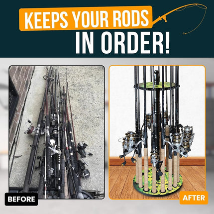 Rush Creek Creations | 16-Rod Round Fishing Rod Holder, Black Wooden Fishing Rod Rack with 16 Clips for Garage Organization