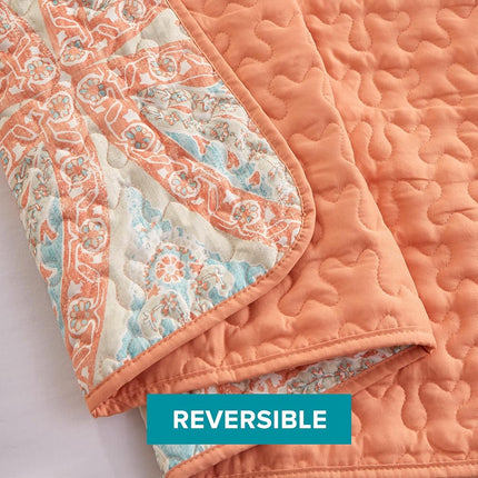 Comfort Spaces Reversible Quilt Set-Vermicelli Stitching Design All Season, Lightweight, Coverlet Bedspread Bedding, Matching Shams, Twin/Twin XL (66 in x 90 in, Gloria Damask Coral 2 Piece