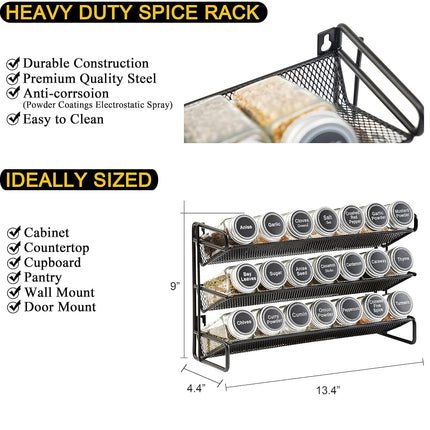 SpaceAid Spice Rack Organizer with 21 Spice Jars, 386 Spice Labels, Chalk Marker and Funnel Set for Cabinet, Countertop, Pantry, Cupboard or Door & Wall Mount - 21 Jars, 13.4" W × 9" H, Black
