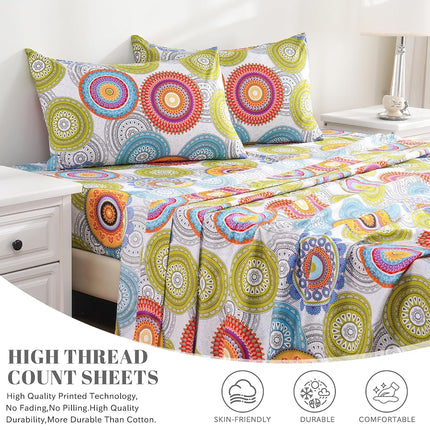 Bedlifes King Sheet Set Printed Sheets Ultra Soft Patterned Sheet Set Deep Pocket Flat Sheet& Fitted Sheet& Pillowcases 100% Microfiber 4 Piece King Size Multicolor Mandala