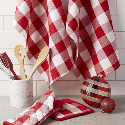 DII Buffalo Check Kitchen Collection, Classic Farmhouse Dishtowel Set, 20x30, Red & White, 3 Piece