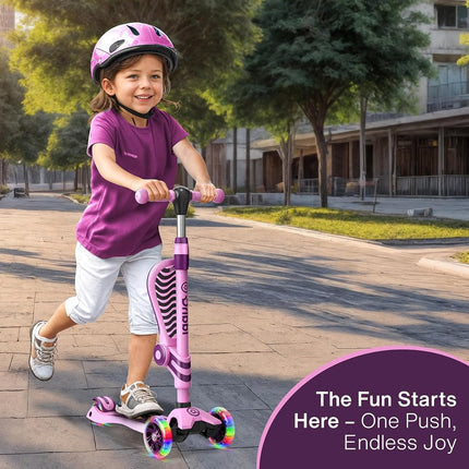 Pink & Purple 3 Wheel Scooter with Seat for Kids – Light-Up LED Wheels, Adjustable Handlebar and Seat, Smooth PU Wheels, Wide Anti-Slip Deck, Rear Foot Brake – Toddler Outdoor Toys for Ages 2+