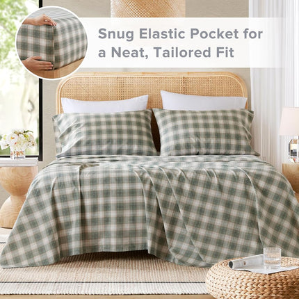 Comfort Spaces 100% Cotton Sheets Twin, Breathable, Naturally Cool Cotton Sheets, Soft Cotton Bed Sheets with 12" Elastic Pocket Fits up to 14" Mattress, All Seasons Sheet Set, Wesley Green 3 Piece