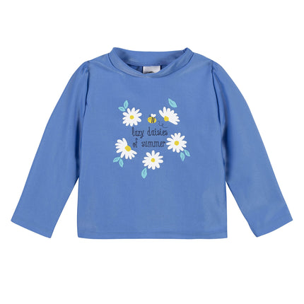 Gerber Girls' Baby Toddler Rashguard de manga larga con gorro de baño, margaritas azules, 5T