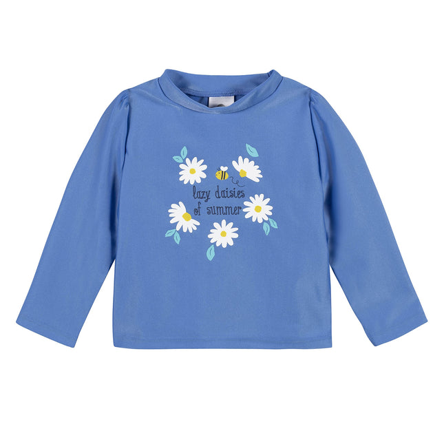Gerber Girls' Baby Toddler Rashguard de manga larga con gorro de baño, margaritas azules, 5T