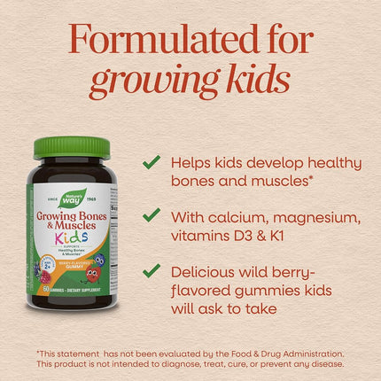 Nature’s Way Kids Growing Bones & Muscles, Calcium & Vitamin D, Ages 4+ Wildberry Flavor, 60 Gummies