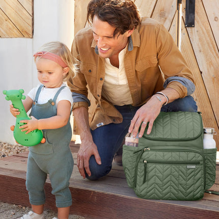 Mochila Skip Hop para pañales: Forma, bolsa de viaje multifunción para bebé con cambiador y accesorios para cochecito, salvia