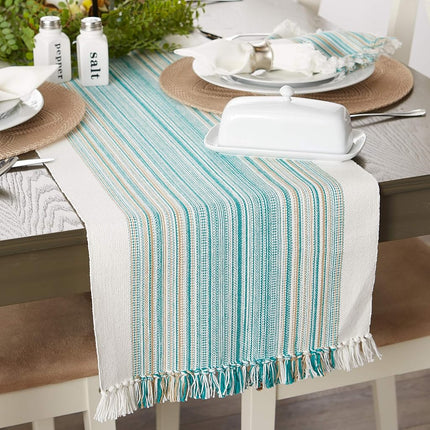 DII Fringed Stripe Tabletop, Table Runner, Cotton, Teal, 14x72