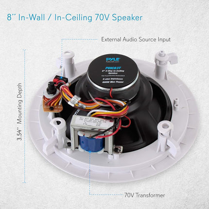 Pyle Ceiling and Wall Mount Speaker - 8” 2-Way 70V Audio Stereo Sound Subwoofer Sound with Dome Tweeter, 600 Watts, In-Wall & In-Ceiling Flush Mount for Home Surround System - Pyle PDIC83T (White)