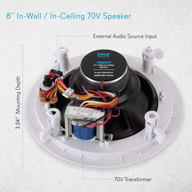 Pyle Ceiling and Wall Mount Speaker - 8” 2-Way 70V Audio Stereo Sound Subwoofer Sound with Dome Tweeter, 600 Watts, In-Wall & In-Ceiling Flush Mount for Home Surround System - Pyle PDIC83T (White)