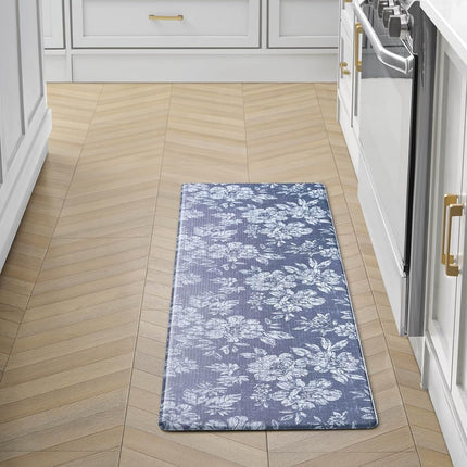 Laura Ashley - Anti-Fatigue Kitchen Mat, Iris Floral Design, Stain, Water & Fade Resistant, Cooking & Standing Relief, Non-Slip Backing, Measures 17.5" x 60", Navy Iris