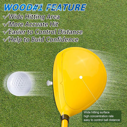 PGM Children's Golf Club Set - Can Hit Real Balls, 3 Pieces Clubs Includes Wood, Iron, and Putter, Great for Beginner Boys and Girls, Instructional Training Set