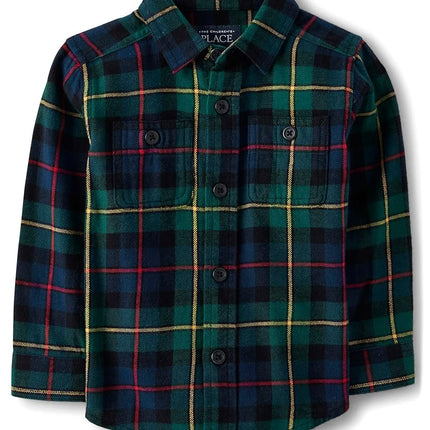 The Children's Place Camisa abotonada de franela a cuadros de manga larga para bebés y niños pequeños, a cuadros abeto, 5T