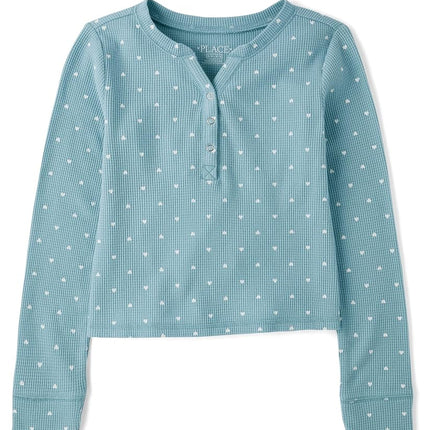 The Children's Place Girls' Basic Long Sleeve Thermal Henley Tops, Artic Blue, XX-Large