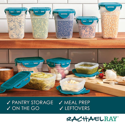 Rachael Ray Leak-Proof Stacking Container Food Storage Bin Set, 20 Piece, Clear with Teal Lids