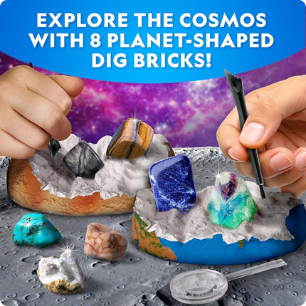 National Geographic Ultimate Space Dig Kit – 8 Planet-Shaped Bricks with 16 Real Rock & Gemstone Specimens, Shareable Excavation Kit with 2 Dig Tools, Magnifying Glass & Learning Poster, Mining Kit