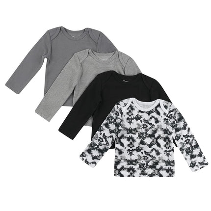 Hanes Baby and Toddler Long Sleeve Flexy Soft Knit Expandable Shoulder Pullover Undershirt (4 Pack), Grey/Black/Print, 12-18 Months