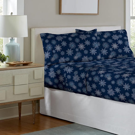 pointehaven Flannel Deep Pocket Set with Oversized Flat Sheet, King, Snow Flakes Navy
