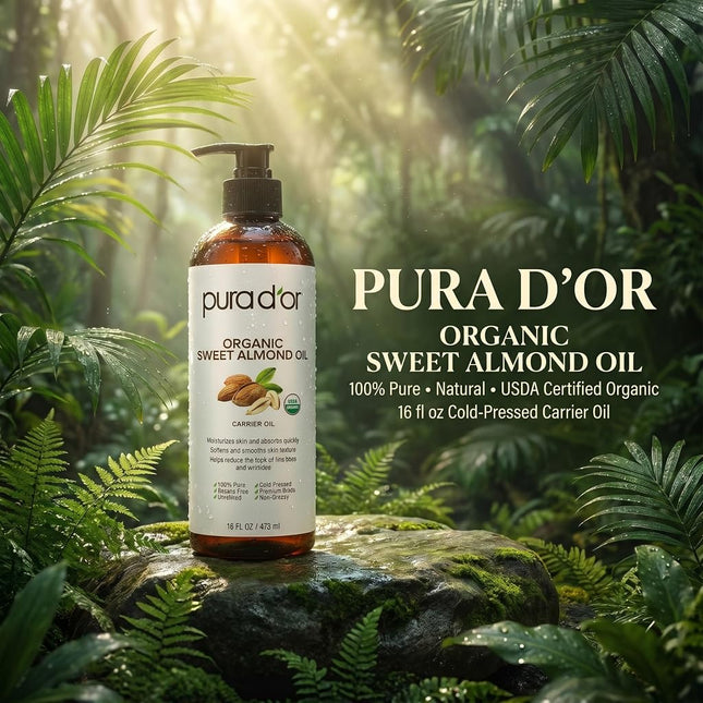 PURA D'OR 16 Oz ORGANIC Sweet Almond Oil - 100% Pure & Natural USDA Certified Cold Pressed Carrier Oil For DIY Beauty - Non-Greasy, Unscented, Hexane Free Moisturizer - Massage Oil For Hair & Skin