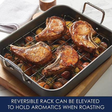 Rôtissoire/Plat de cuisson antiadhésif Rachael Ray avec grille réversible, 41,9 cm x 34,3 cm, gris