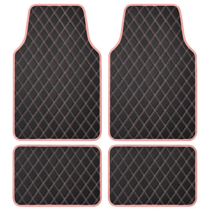 Carbella DiamondLuxe Car Floor Mats, Stylish Faux Leather Car Mats with Diamond Stitched Detail and Matching Taping, Universally Sized All-Weather Floor Mats for Cars Trucks SUV, Full Set (Pink)