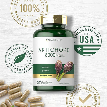 Artichoke Extract Capsules 8000mg | 200 Count | Non-GMO, Gluten Free Supplement | by Carlyle