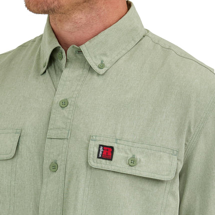 Wrangler Men's Short-Sleeve Vented Button-Down Work Shirt, Hedge Green Heather, Large