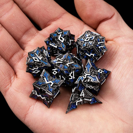 Metal Dice for DND - Spire Sanctum Series (Black Matte Blue Glitter)