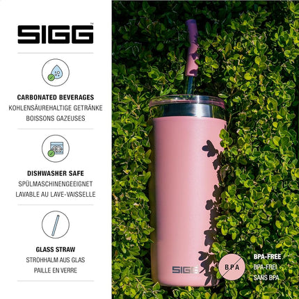 Sigg Helia Travel Mug, Double-Walled Insulated Thermal Cup with Glass Straw, Leakproof Stainless Steel Tumbler for Hot and Cold Drinks