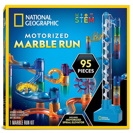 NATIONAL GEOGRAPHIC Marble Run with Motorized Elevator - 95-Piece Marble Maze Kit with Motorized Spiral Lift, 20 Marbles, Storage Bag & More, Perpetual Motion Machine, Marble Game