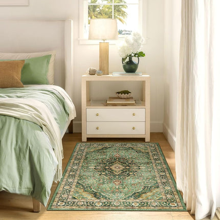 Green Area Rug 3x5 Washable Rug Non-Slip Area Rugs for Bedroom Living Room Kitchen, Printed Low-Pile Ultra-Soft Cute Dorm Rug Room Decor for Teen Girls(Border Green)