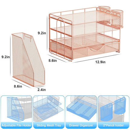 gianotter Paper Letter Tray Organizer with File Holder, 4-Tier Desk Accessories & Workspace Desk Organizers with Drawer and 2 Pen Holder for Office Supplies (Rose Gold)