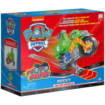 Paw Patrol, Moto Pups Rocky’s Deluxe Pull Back Motorcycle Vehicle with Wheelie Feature and Figure