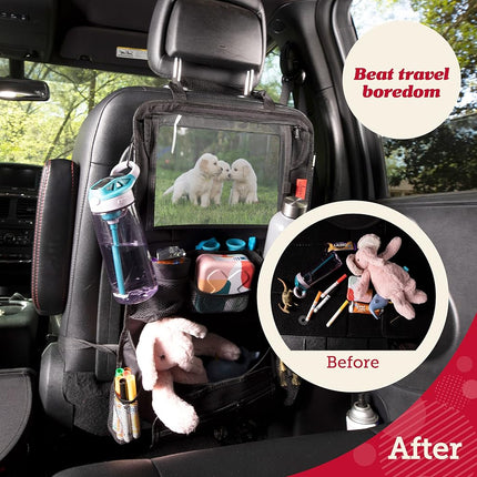 Car Back Seat Organizer with Larger Protection & Storage - 12 Compartments including iPad Holder, Reinforced Corners to Prevent Sag, Eco Friendly Materials - Great Travel Accessory for Kids