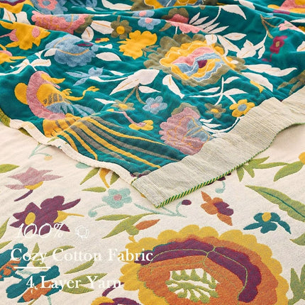 XIBLC Boho Throw Blanket for Bed, 100% Cotton Soft Rustic Quilt Fall Blanket, 90"x98" Floral Printed Farmhouse Decor Bed Blankets, All Season Rustic Reversible Bohemian Throw Quilt