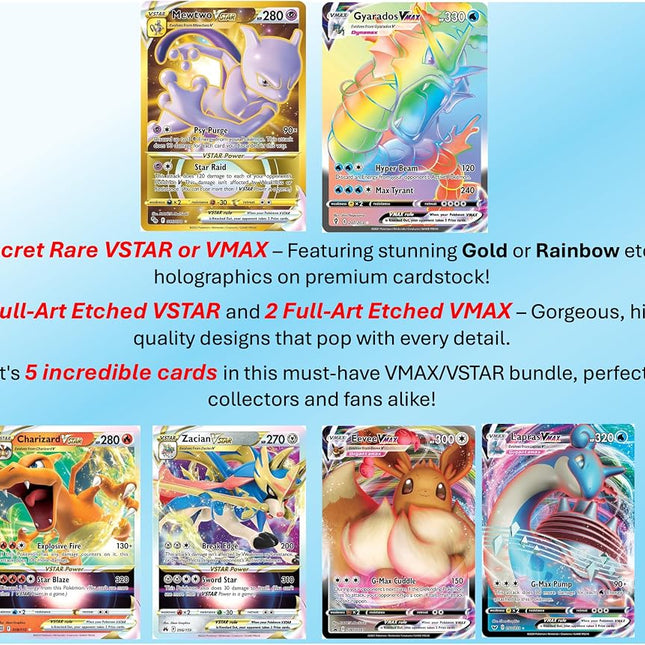 5 Pokemon Card VMAX/VSTAR Bundle - X2 VSTAR - X2 VMAX - X1 Secret Rare - No Duplicates