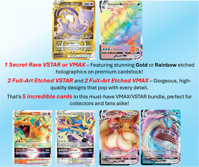 Lot de 5 cartes Pokémon VMAX/VSTAR - X2 VSTAR - X2 VMAX - X1 Secrète Rare - Sans doublons