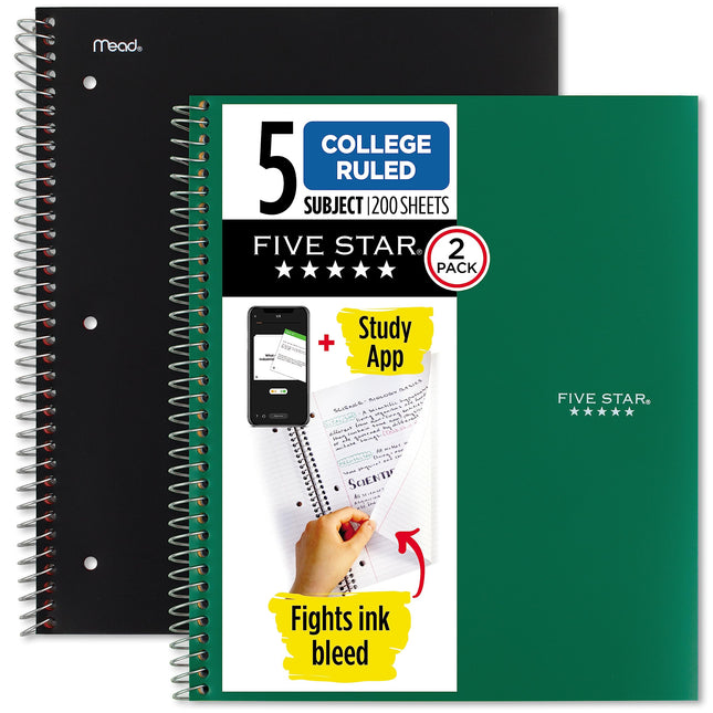 Five Star Spiral Notebooks + Study App, 2 Pack, 5 