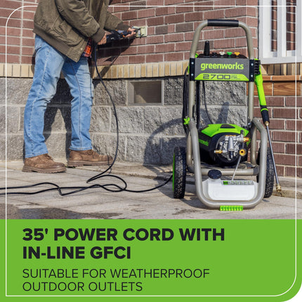 Hidrolavadora eléctrica Greenworks Pro sin escobillas 2700 PSI (certificación CSA) 2.3 GPM máx. / 1.2 GPM (mangos plegables, estructura de acero resistente, manguera de 25 pies, cable de alimentación GFCI de 35 pies)