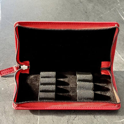 DiLoro Leather Zippered Triple or Quad Pen Case Pencil Pouch Holder for Three or Four Fountain Ballpoint Rollerball Pens or Glasses (Nappa Red)