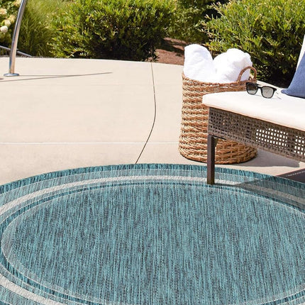 Unique Loom Outdoor Border Collection Area Rug - Soft Border (10' Round Teal/Ivory)