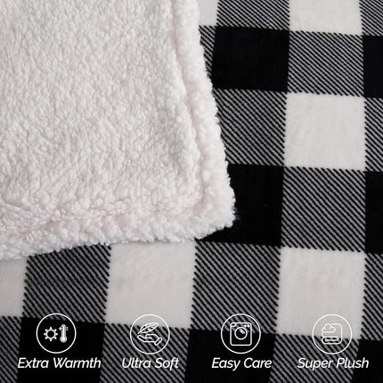 Elegant Comfort Ultra Soft Reversible Buffalo Plaid Flannel Sherpa Blanket - Cozy Silky Checkered Fleece Throw for Couch, Bed - Plush Fuzzy Warm Winter Blanket for Gift, Twin XL, Black