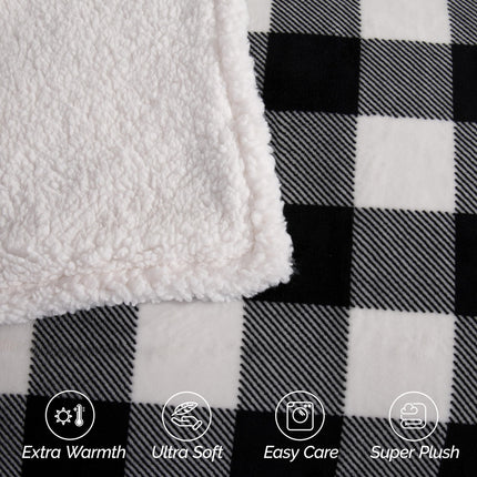Elegant Comfort Ultra Soft Reversible Buffalo Plaid Flannel Sherpa Blanket - Cozy Silky Checkered Fleece Throw for Couch, Bed - Plush Fuzzy Warm Winter Blanket for Gift, Twin XL, Black