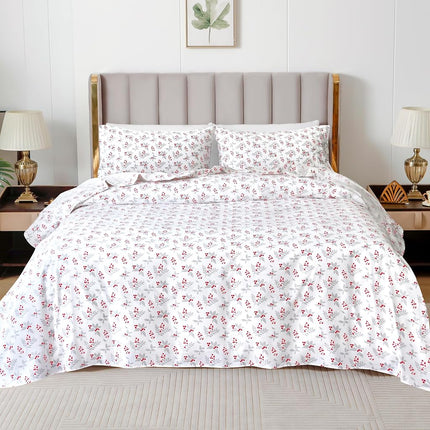 Elegant Comfort Ultra Soft 4-Piece 100% Turkish Cotton Flannel Sheet Set - Holiday Christmas Flannel Sheets, Warm and Cozy Premium Quality, Deep Pocket Fitted Sheet- Twin XL, Holly Flower