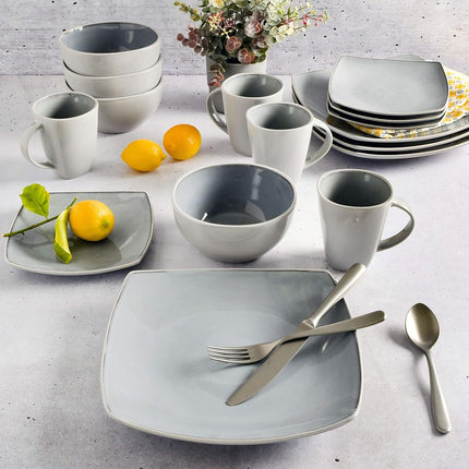 Gibson Soho Lounge Square Reactive Glaze Stoneware Dinnerware Set, Service for 4 (16pc), Light Gray
